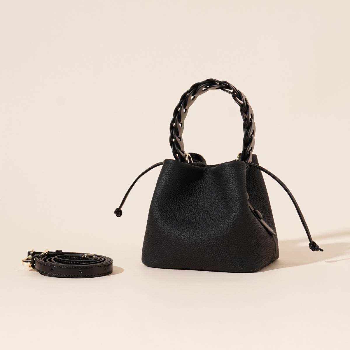 Genuine Leather Mini Bucket Bag with Braided Handle - Chic Drawstring Crossbody Purse(Black)