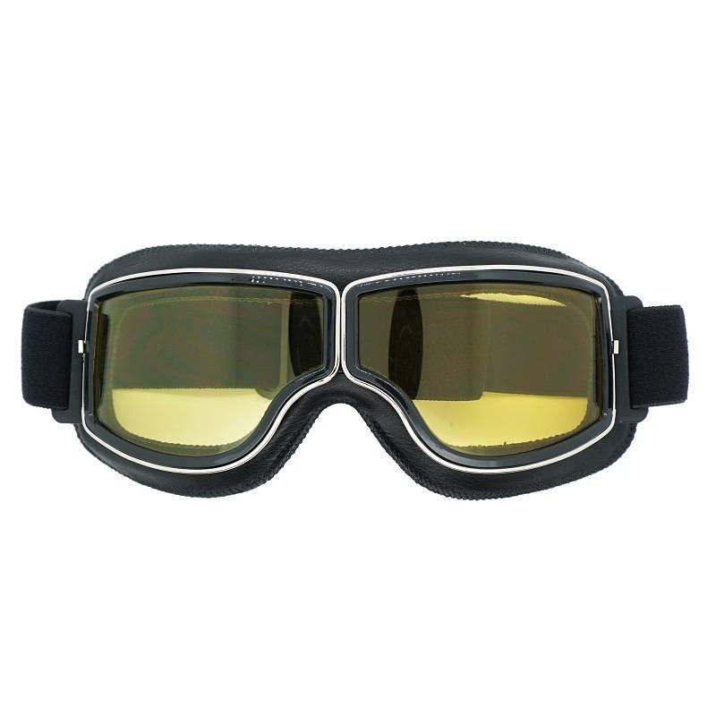 Retro Motorcycle Goggles - Windproof, UV400 Protection, Anti-Impact PC Lenses with Leather Frame(Black leather yellow lens)