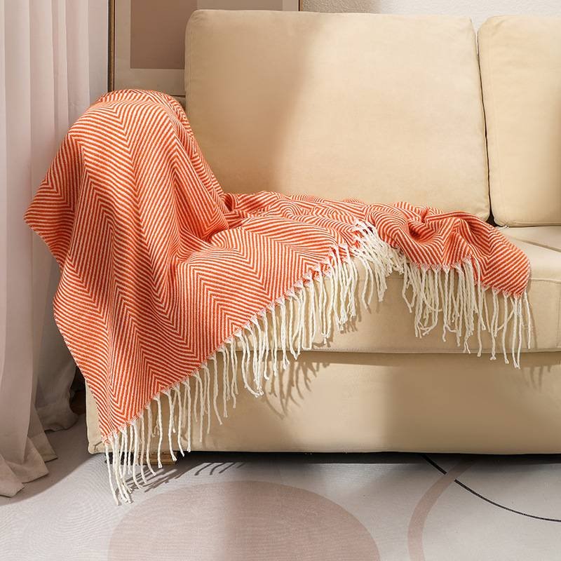 Orange Elegant Herringbone Tassel Throw Blanket - Large Acrylic Faux Cashmere Soft Cozy Blanket for Sofa, Bed & Decor (130x240cm)