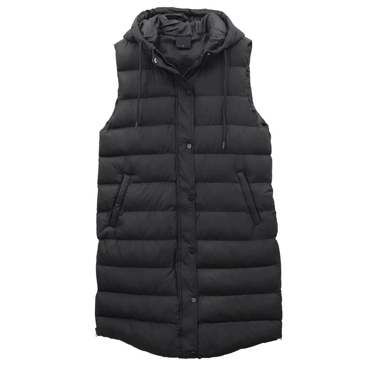 Women's Longline Padded Vest Hooded Jacket Puffer Puffy Quilted Zip Coat Gilet, Black, 8