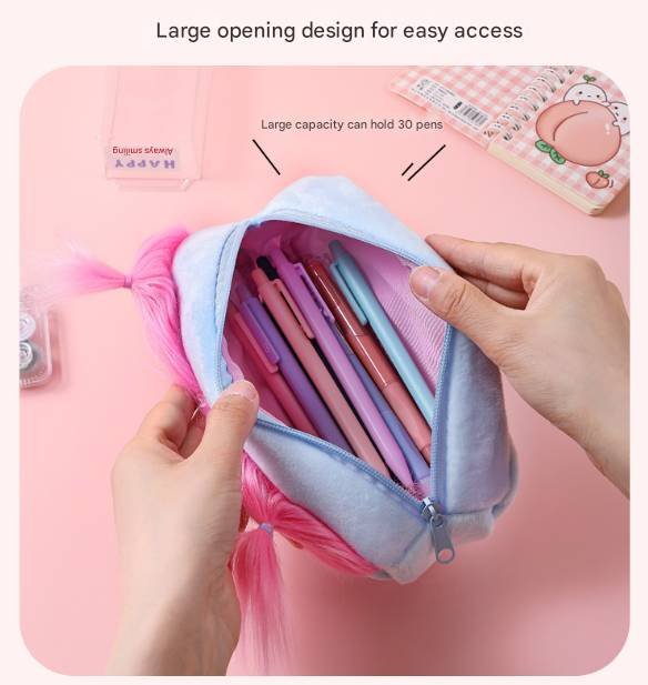 Light Green and Green Hair Cute Plush Monster Pencil Case - Fluffy Stationery Pouch with DIY Styleable Hair for Kids