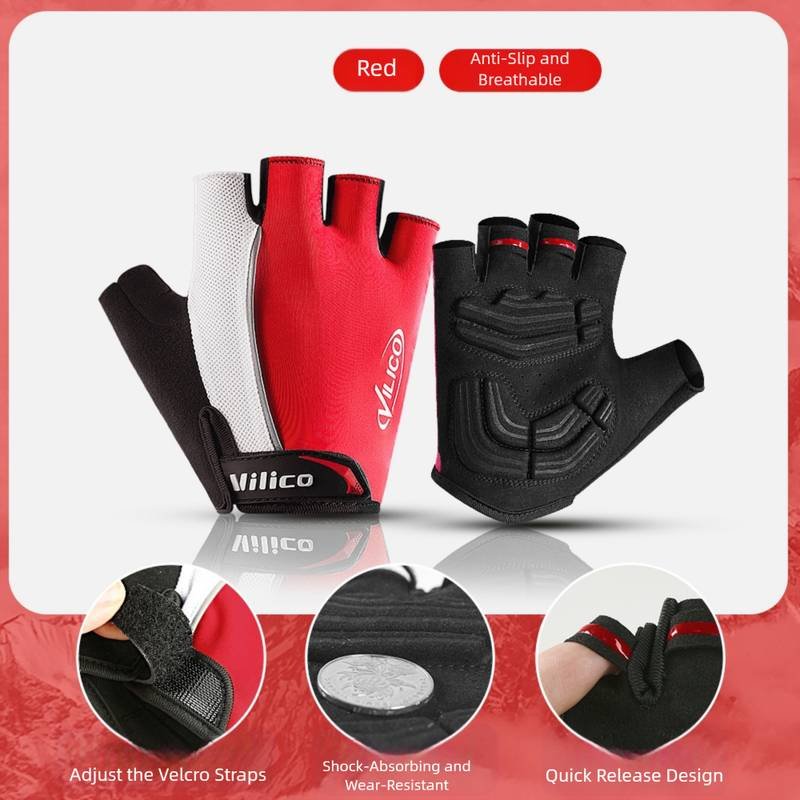 Size M Red Padded Half-Finger Cycling Gloves - Breathable Shock-Absorbing Workout Gloves for Gym & Fitness