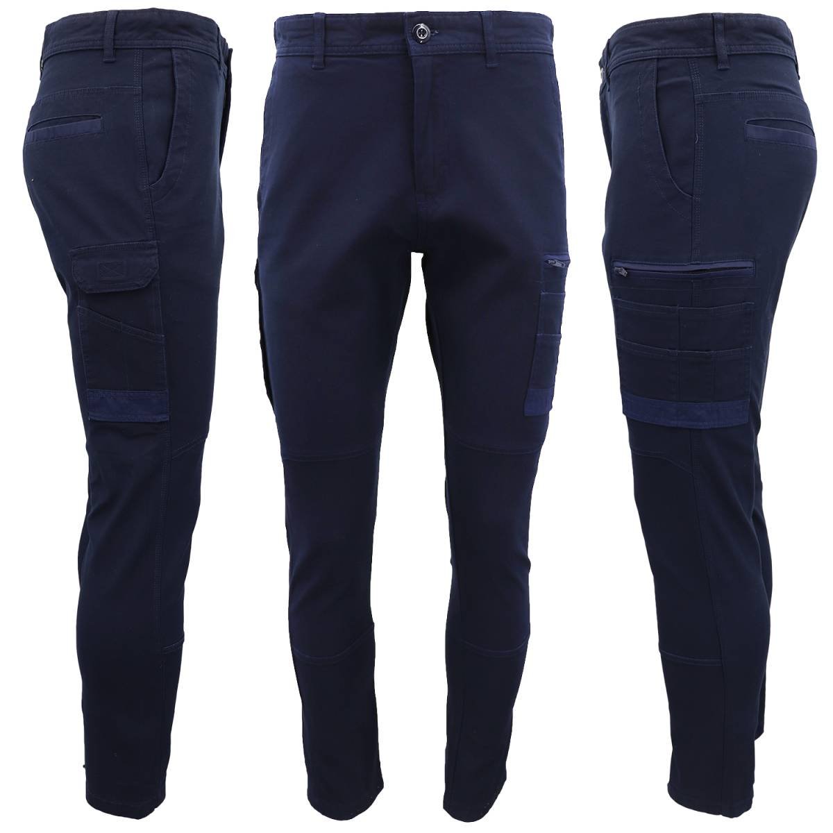Men's Cotton Drill Cargo Work Pants UPF 50+ 13 Pockets Tradies Workwear Trousers, Navy, 34