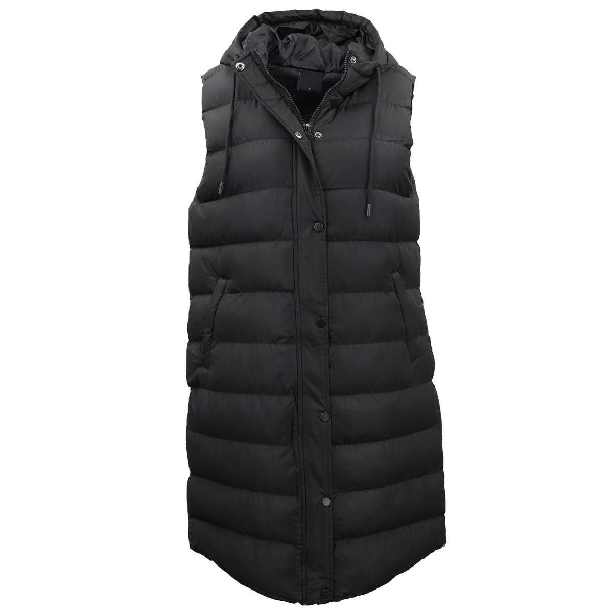 Women's Longline Padded Vest Hooded Jacket Puffer Puffy Quilted Zip Coat Gilet, Black, 10