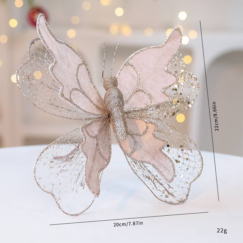 Champagne Gold Large Glitter Butterfly Christmas Ornaments (Set of 2) - Clip-On Decorations for Trees & Wreaths