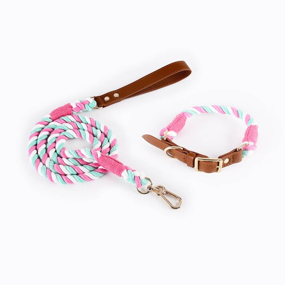 Premium Leather Pet Collar and Leash - Soft, Strong Braided Rope (Pink green - Size M)