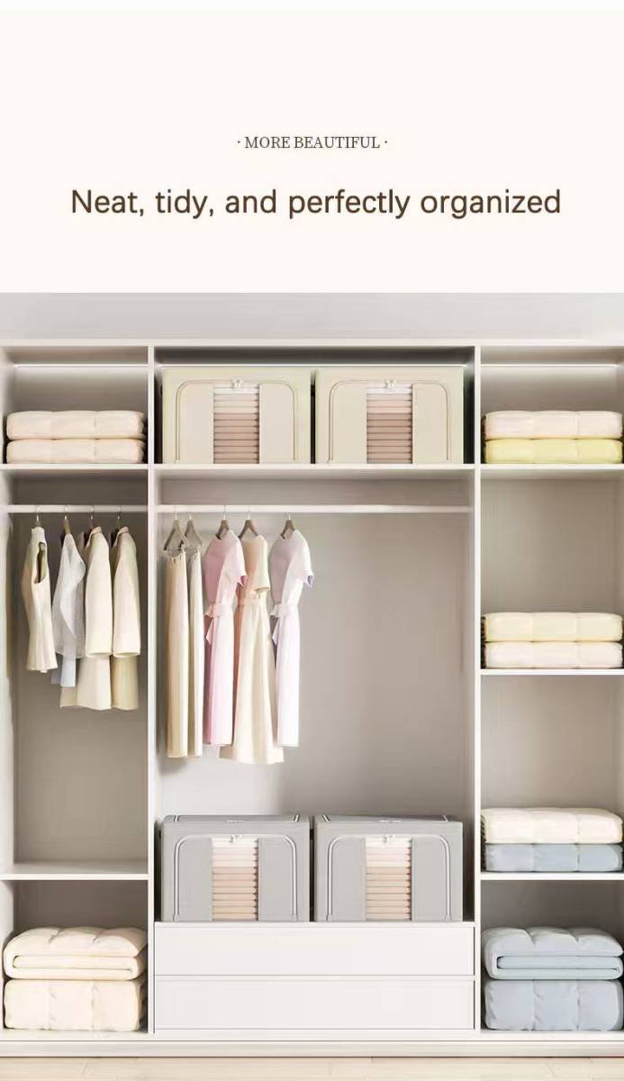 Clothes Storage Bins, 6 Pack Bedding Organizers with Handles, Stackable Metal Frame Closet Organizer, Visable Windows, Clothing Organization for Sweatshirt, Blanket, Long Dresses, (66L ash grey)