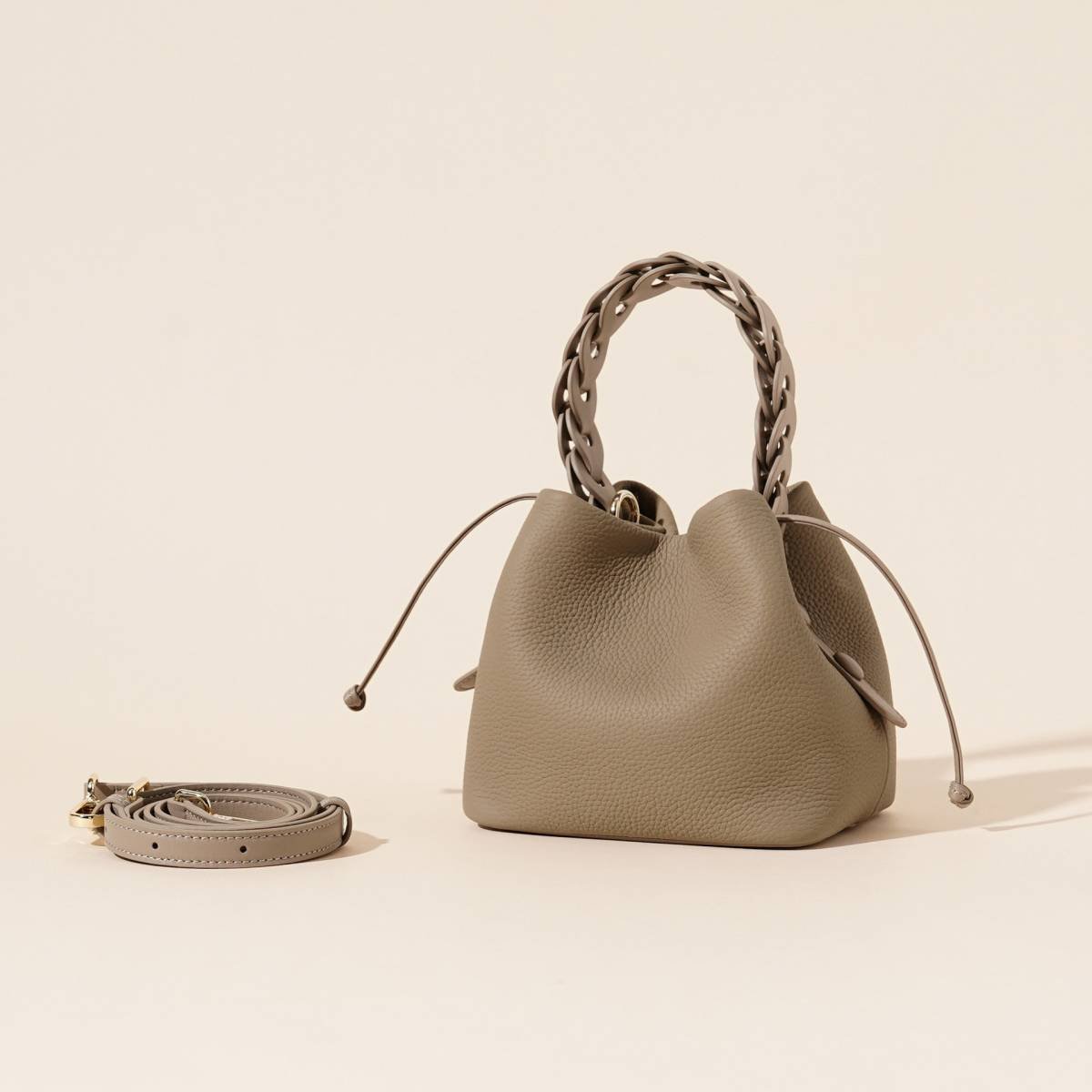 Genuine Leather Mini Bucket Bag with Braided Handle - Chic Drawstring Crossbody Purse(Gray)