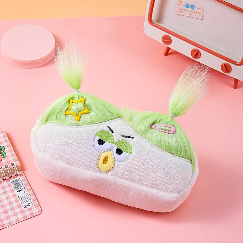 Beige and Light Green Hair Cute Plush Monster Pencil Case - Fluffy Stationery Pouch with DIY Styleable Hair for Kids