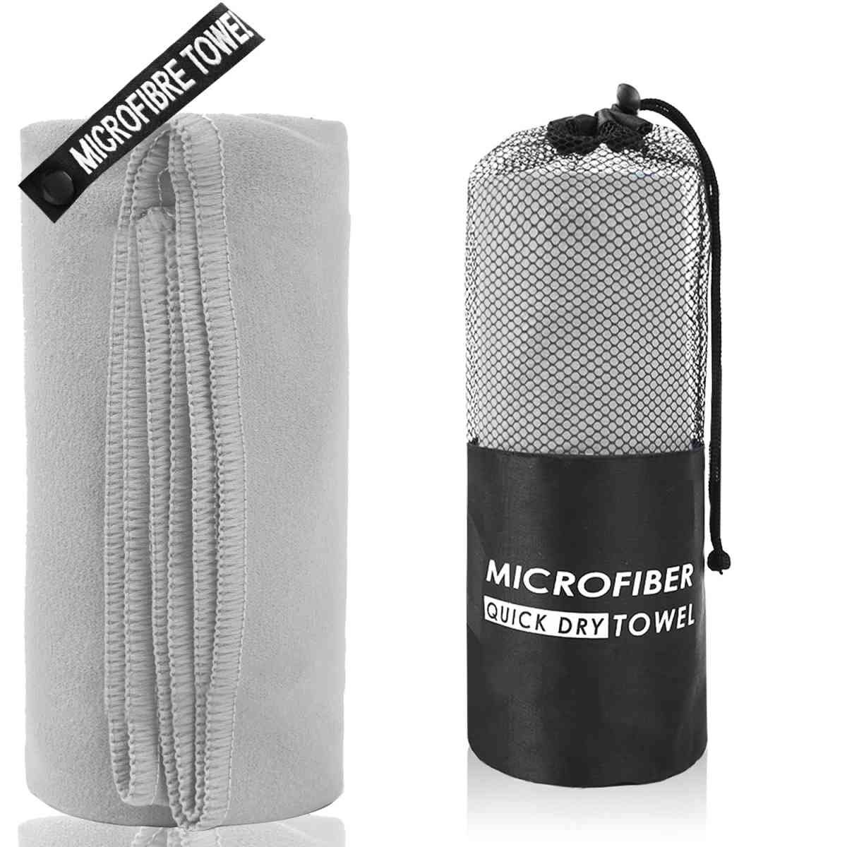 2-Piece Light Grey Quick-Dry Microfiber Sports Towel with Travel Case - Compact & Absorbent for Gym, Swimming & Camping