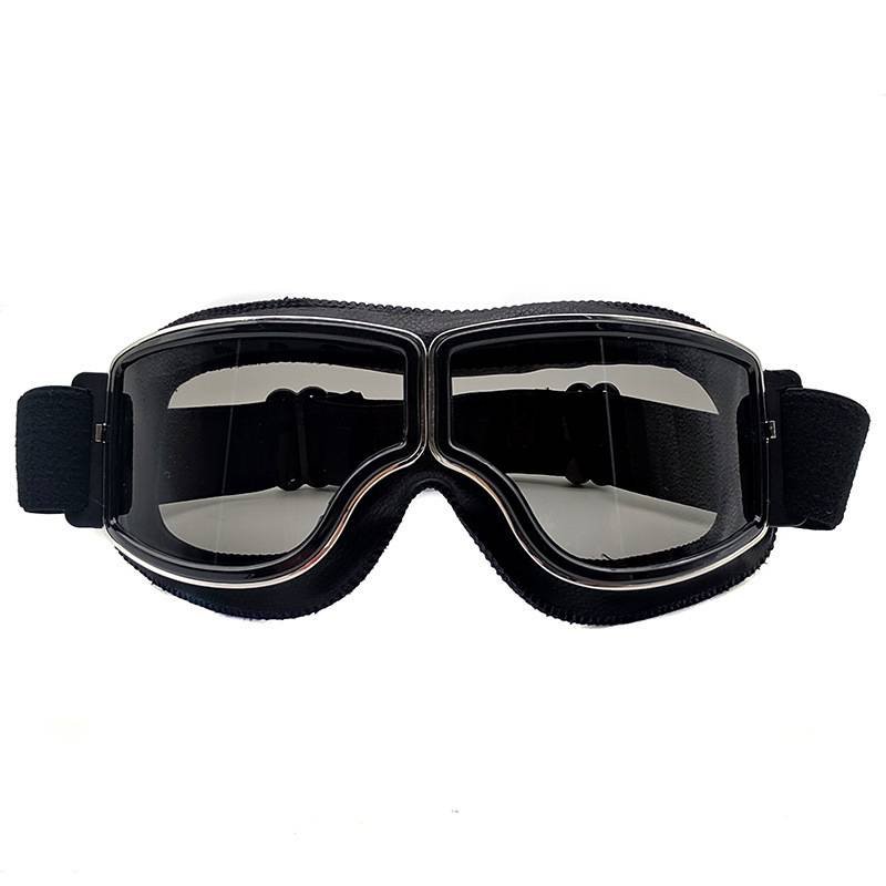 Retro Motorcycle Goggles - Windproof, UV400 Protection, Anti-Impact PC Lenses with Leather Frame(Black leather gray lens)