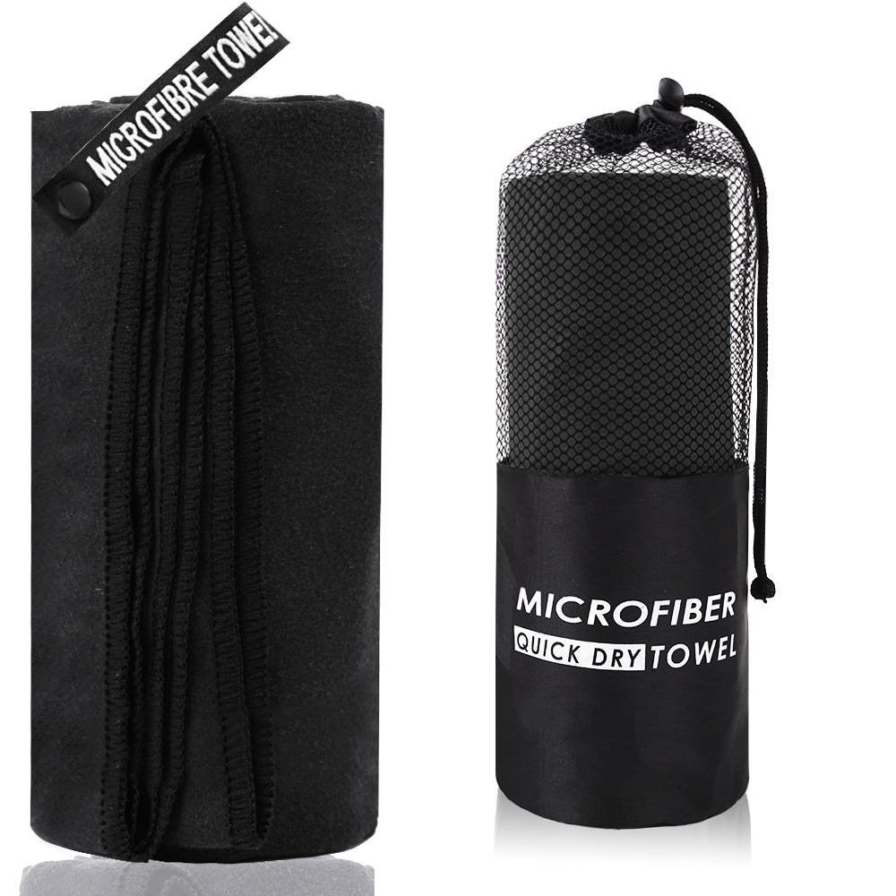2-Piece Black Quick-Dry Microfiber Sports Towel with Travel Case - Compact & Absorbent for Gym, Swimming & Camping