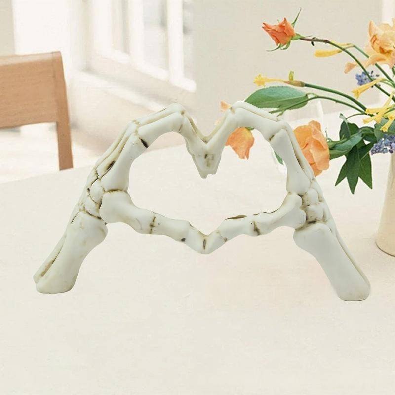 White Gothic Skeleton Hands Heart Sculpture - Macabre Love Figurine for Home & Halloween Decor