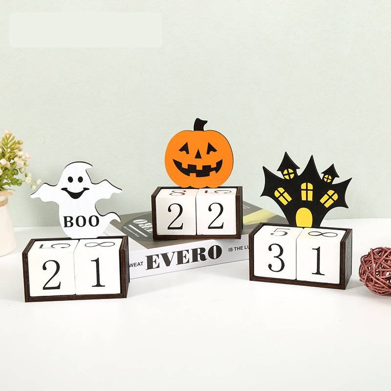White Ghost Shape Festive Halloween Countdown Blocks - Reusable Wooden Perpetual Calendar for Desk Decor