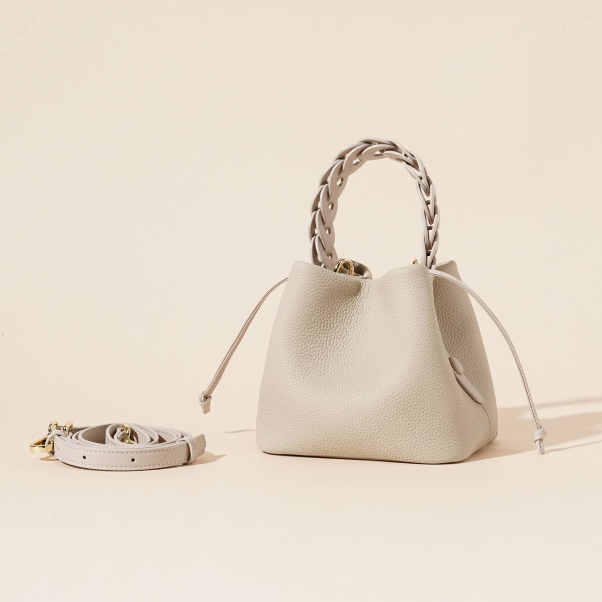 Genuine Leather Mini Bucket Bag with Braided Handle - Chic Drawstring Crossbody Purse(white)