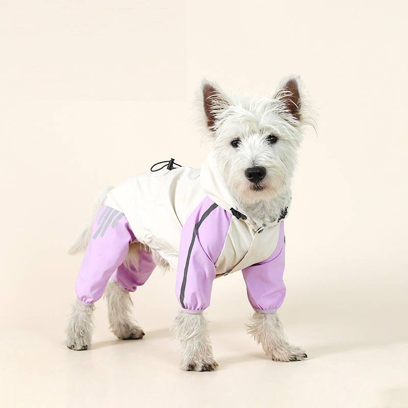 Colorblock (White Purple) Dog Raincoat - Waterproof with Hood and Reflective Strips (Size XL)