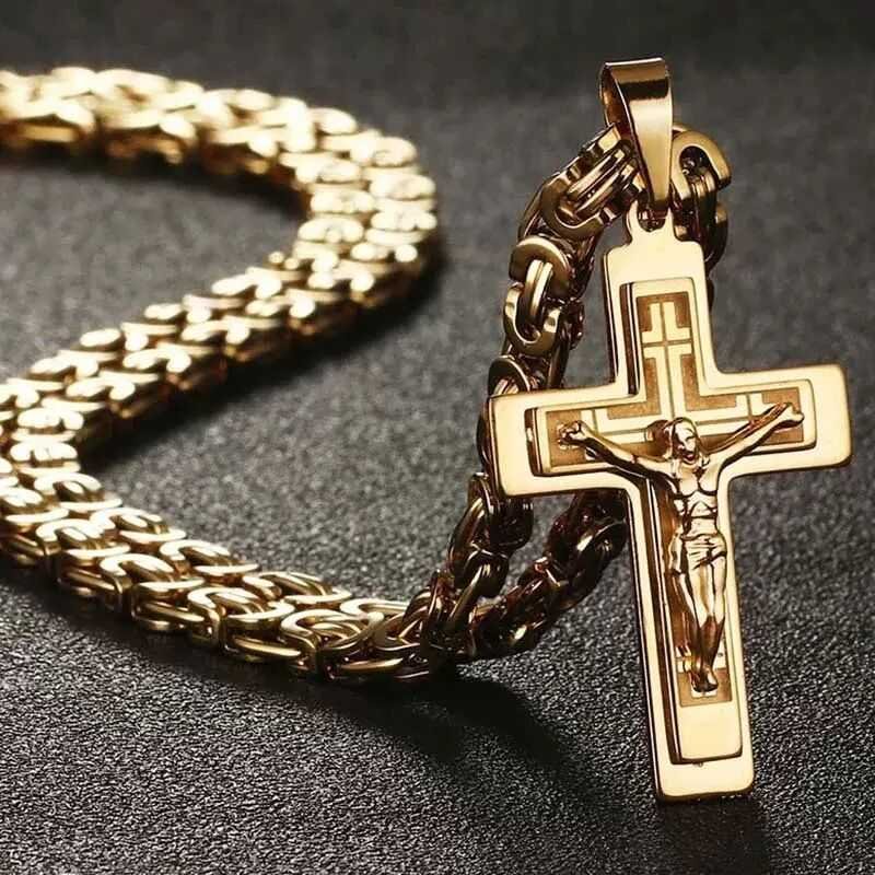Trident cross men's pendant necklace - gold U-shaped flat chain design, religious style fashion accessory, suitable for daily and formal occasions | high-quality accessory | exquisite men's jewelry