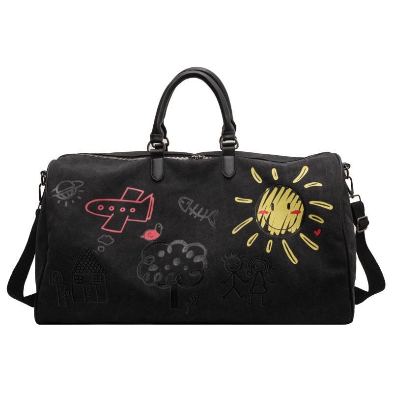 Black Large Capacity Graffiti Travel Duffel Bag - Canvas Weekender with Wet/Dry Pocket & Shoe Compartment
