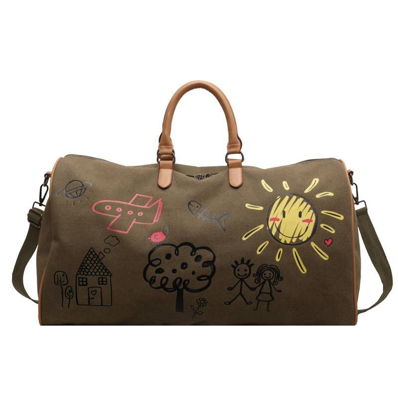 Green-coffee Large Capacity Graffiti Travel Duffel Bag - Canvas Weekender with Wet/Dry Pocket & Shoe Compartment