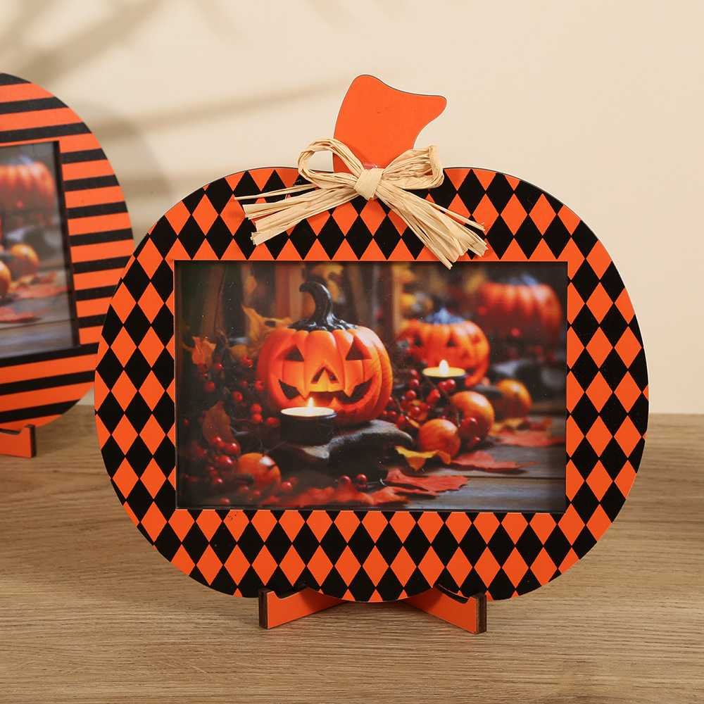  Black and Orange Plaid Pattern Festive Pumpkin Photo Frame - Rustic Halloween Tabletop Picture Holder