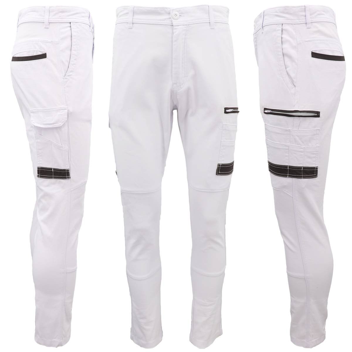 Men's Cotton Drill Cargo Work Pants UPF 50+ 13 Pockets Tradies Workwear Trousers, White, 28