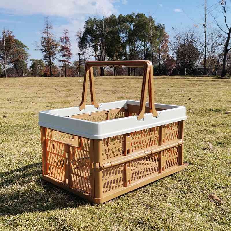 Large Collapsible Storage Basket with Handles - Portable Folding Crate for Shopping, Picnics & Car Trunk(Brown )