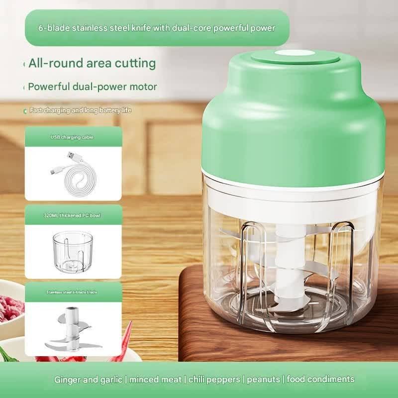 Powerful Mini Electric Food Chopper - USB Rechargeable Cordless Garlic & Meat Mincer(green 320ml + 6-blade knife)