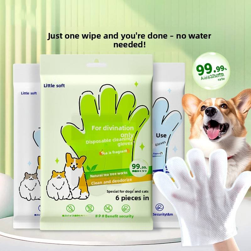 pet products -free cleaning gloves for dog bathing and deodorizing, cat dry cleaning wet wipes supplies, two packs.