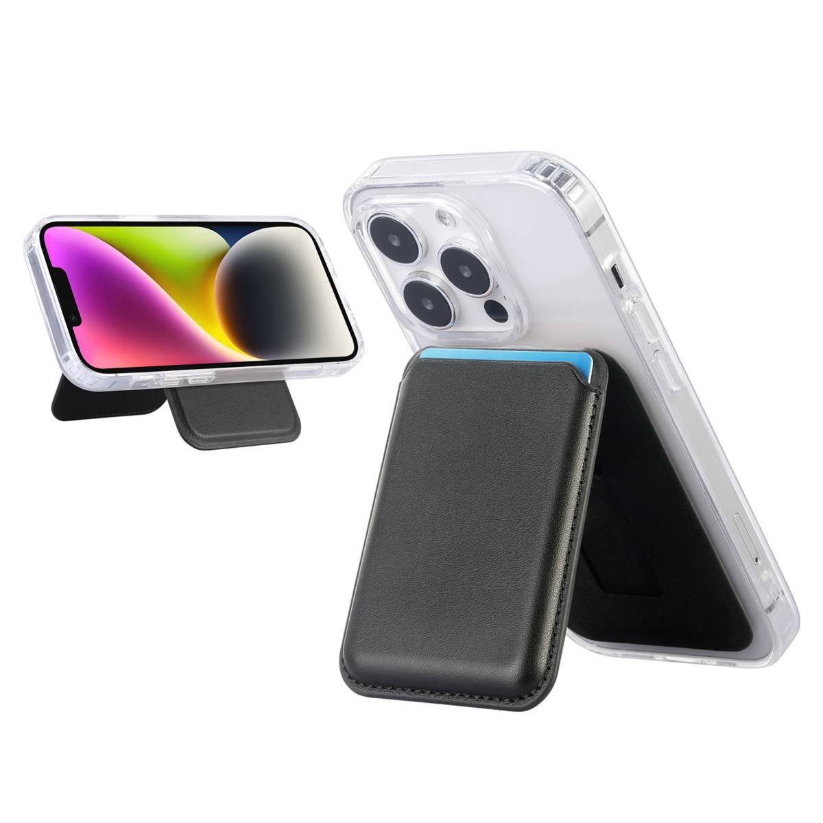 Black Slim Magnetic Card Holder Wallet with Adjustable Kickstand - MagSafe Compatible