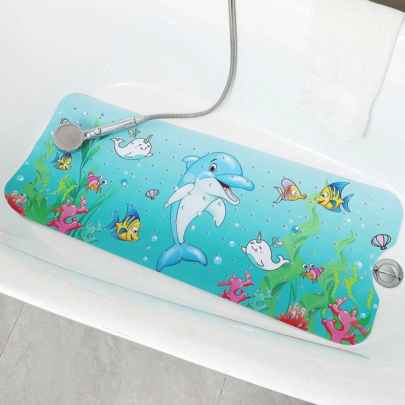 Non-Slip PVC Bath & Shower Mat with Suction Cups and Drainage Holes - Cartoon Ocean Theme(Dolphin)