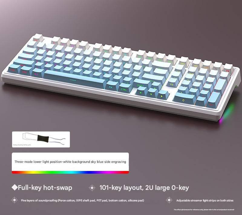 Tri-Mode RGB Mechanical Gaming Keyboard - 102-Key, Hot-Swappable, 4000mAh Battery, 5-Layer Sound Dampening(Sky blue on white)