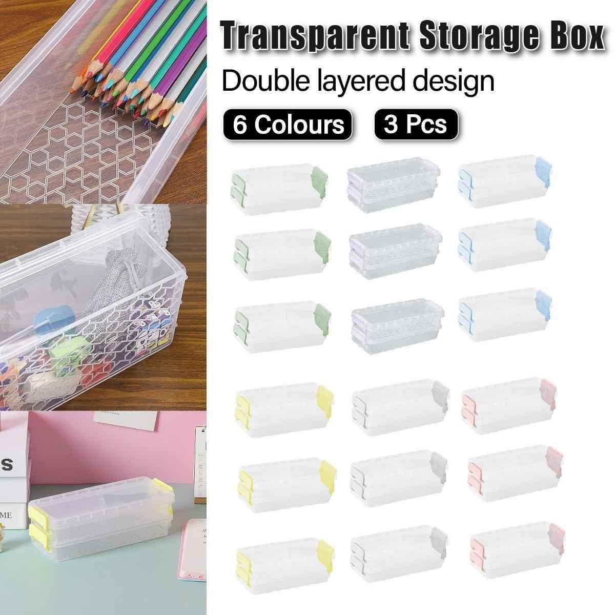 3PCS Clear Plastic Desktop Storage Box 2 Layer Holder DIY Stationery Pencil Case - Green
