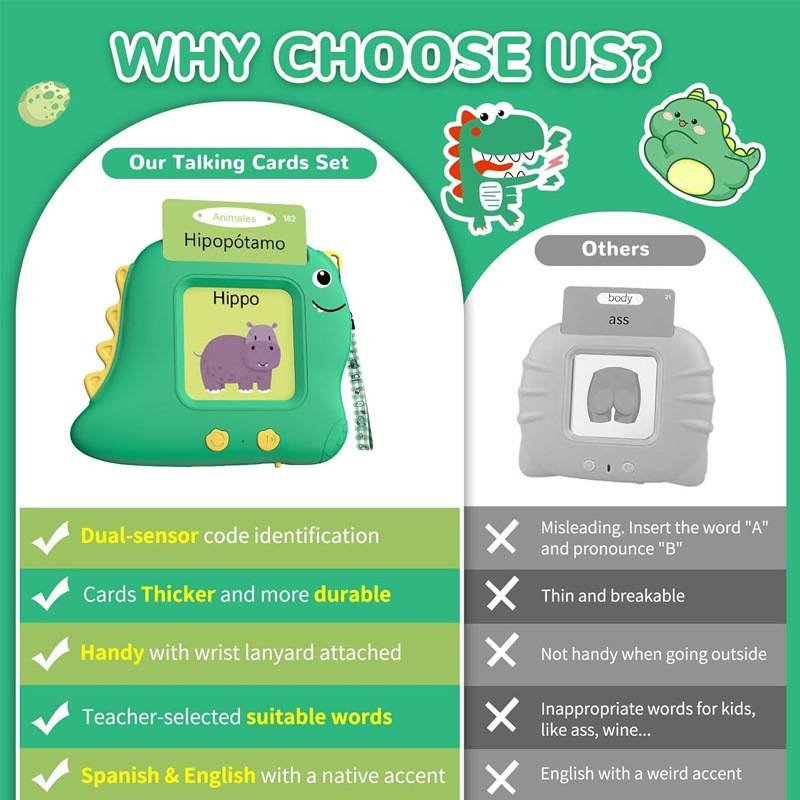 Little Green Dinosaur [112 cards] Bilingual Early Learning Flash Card Reader - Interactive Audio Toy for Toddlers