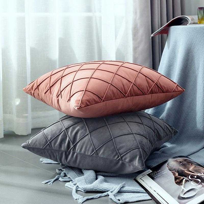 Velvet Cushion Cover Pleated Checked Plaid Plush Decorative Lounge Cushion Cover - Pink