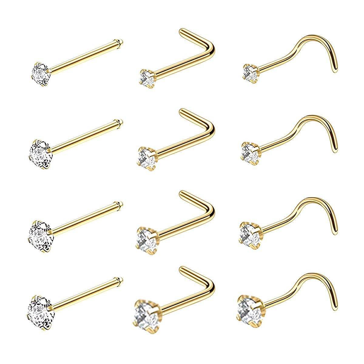 Stainless Steel Nosepiece with Gold Nose Stud Stylish Piercing Jewellery Women - S-Shaped Rod-1.5mm