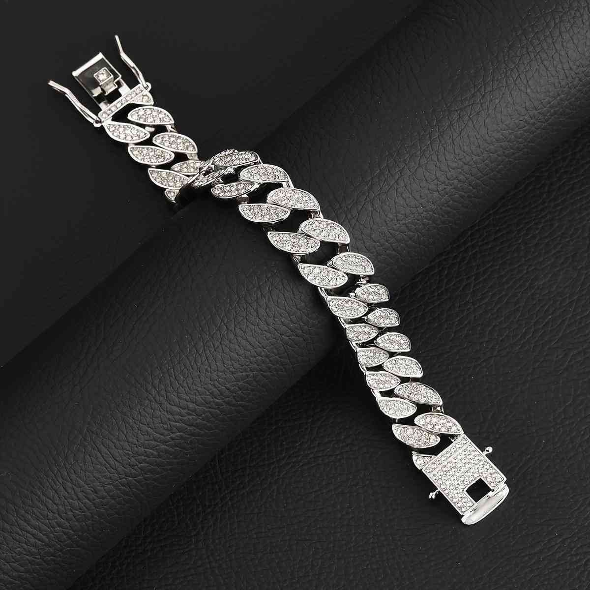 Silver 16mm Iced Out Cuban Link Bracelet - Heavy Paved Rhinestone Hip Hop Chain for Men