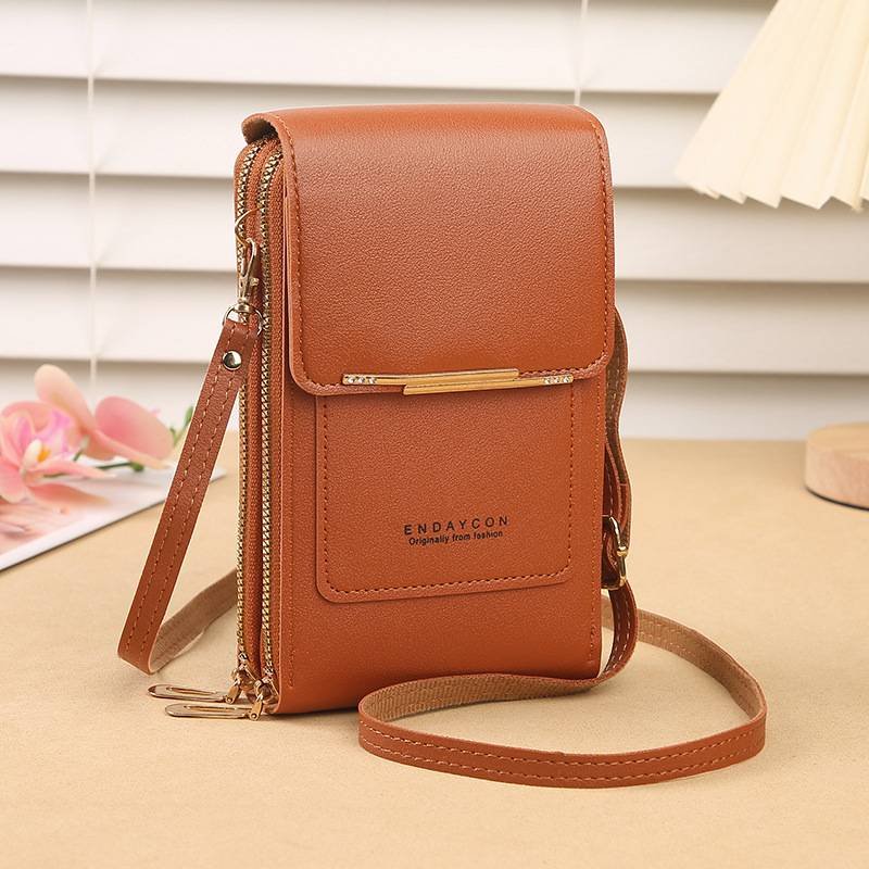 Brown Women's Cute Mini PU Leather Crossbody Phone Bag (19x12x4cm) - Touch Screen Window, Vertical Style