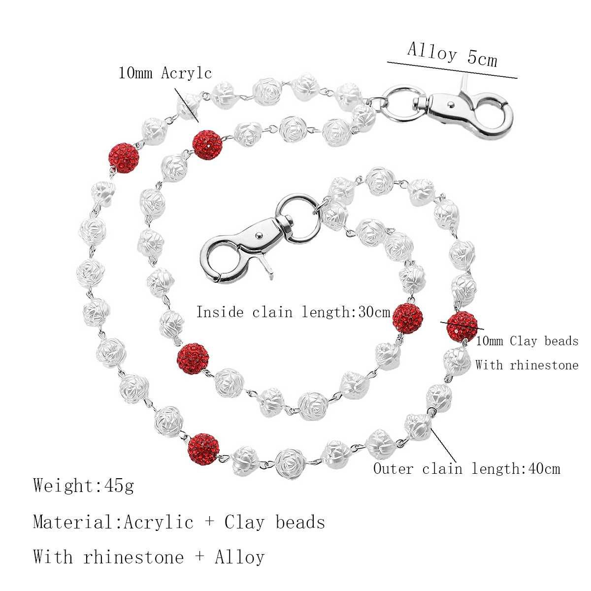 Red and White Bling Rhinestone Beaded Wallet Chain - Double Layer Hip Hop Trouser Chain Jean Accessory(45g）