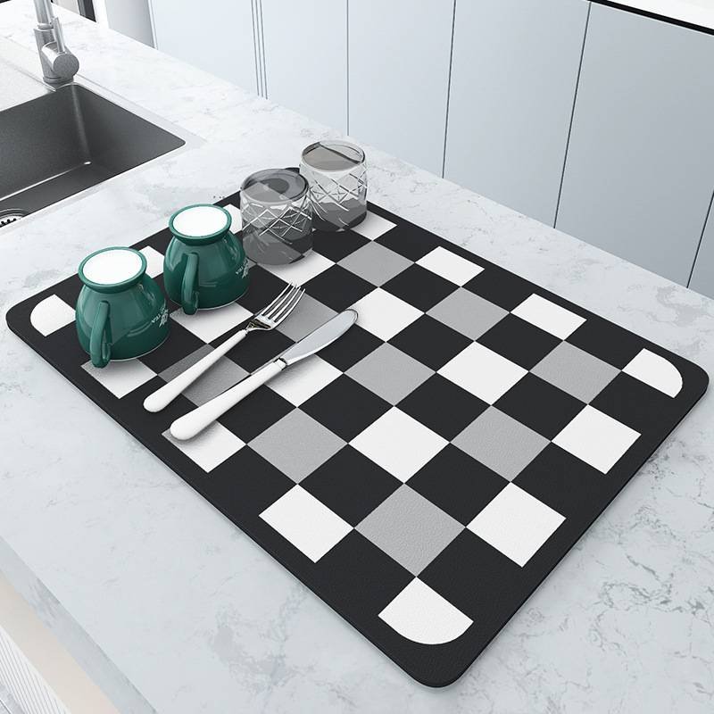 2 PCS Black and white grids Kitchen Drying Mat - Super Absorbent Dish & Cup Drainer Pad 30x40cm
