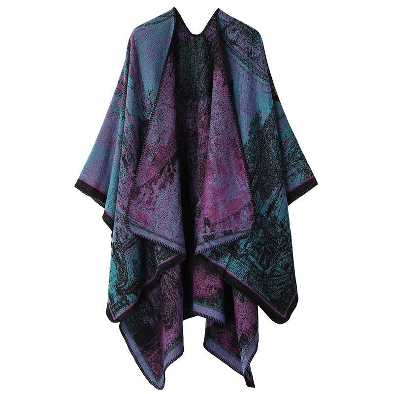 Faux Cashmere Shawl (Qingming Scroll Print) - Purple Cyan, 160*135cm