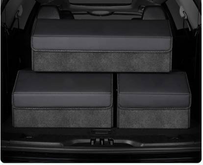 Extra Large Tumbled Leather Black Foldable Car Trunk Storage Box - Large Capacity Insertable Rear Organizer