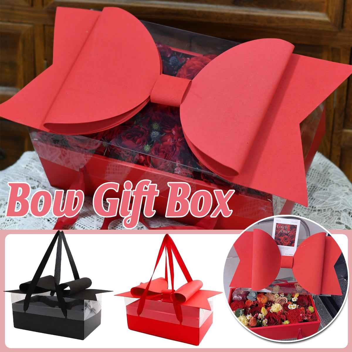 Clear Handheld Flower Gift Box Bow Fruit Flower Packaging Display Box Floral - Black