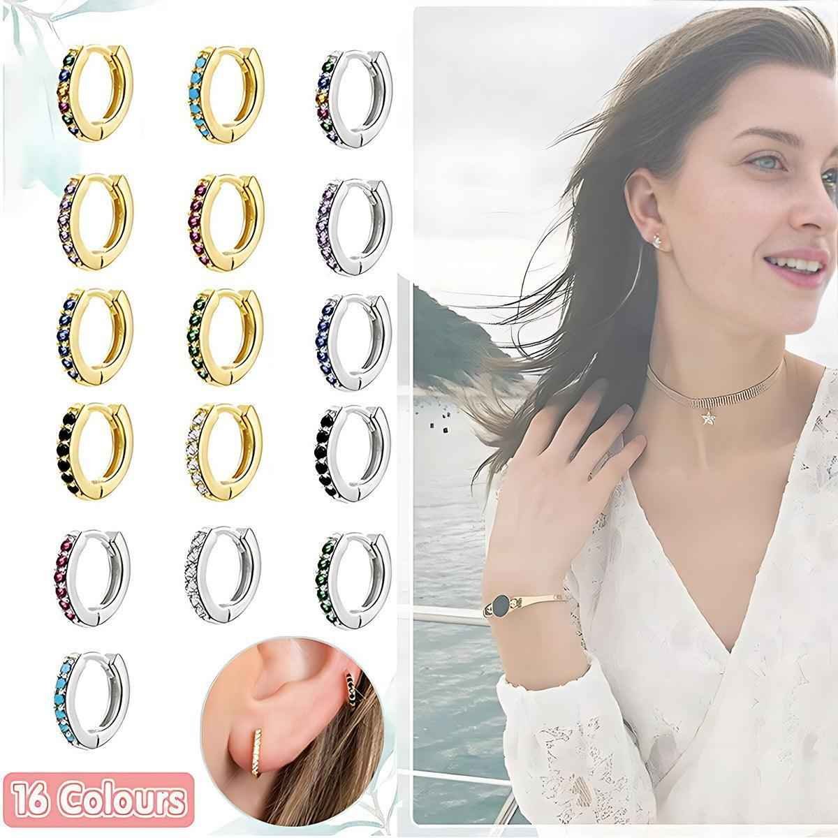 925 Sterling Silver Gold Rings Plated Cubic Crystal Cuff Huggie Hoop Earrings Au - Silver-Black Crystal