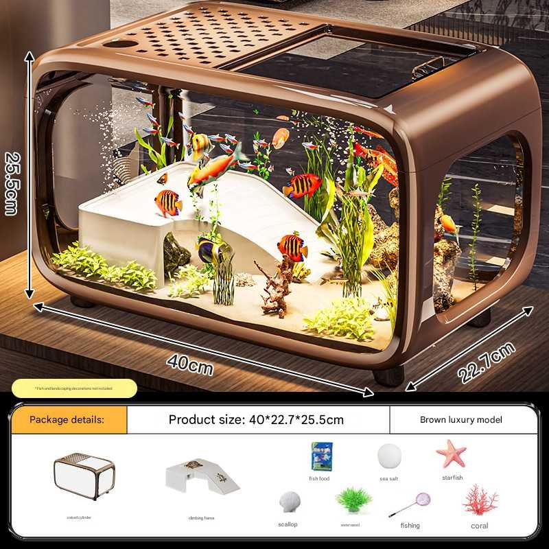 Brown  Modern Desktop Aquarium & Turtle Tank - Panoramic Viewing Fish Tank with Basking Platform & Lid
