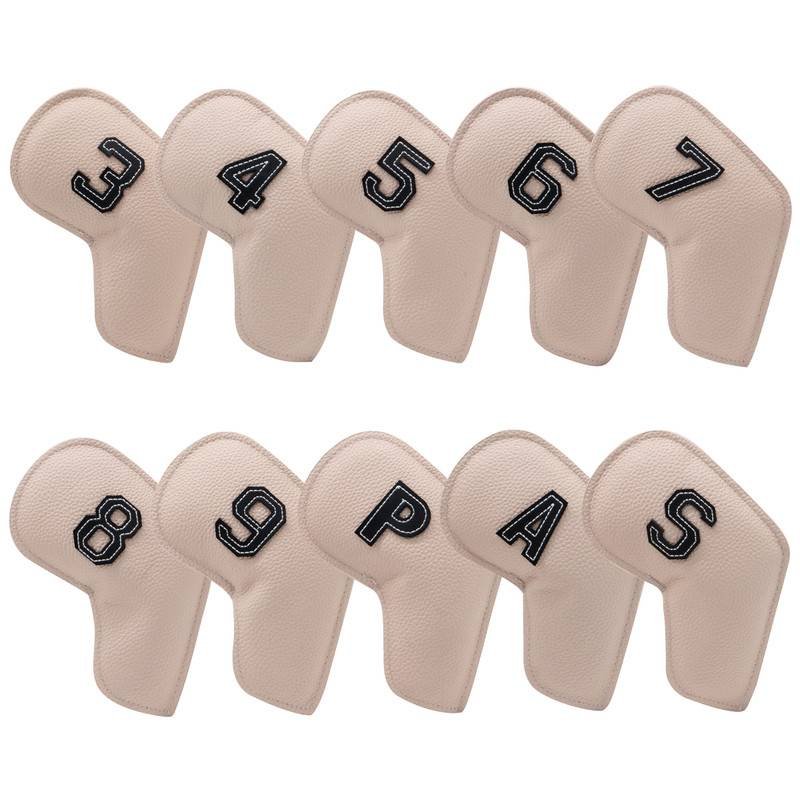 Beige Golf Iron Head Covers Set of 10 - Waterproof PU Leather Club Protectors with Embroidered Numbers (3-9, P, A, S)