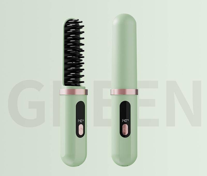 Cordless Hair Straightener Brush - 4000mAh USB-C Rechargeable, 4 Temps, Anti-Scald 3D Comb Design(Green)