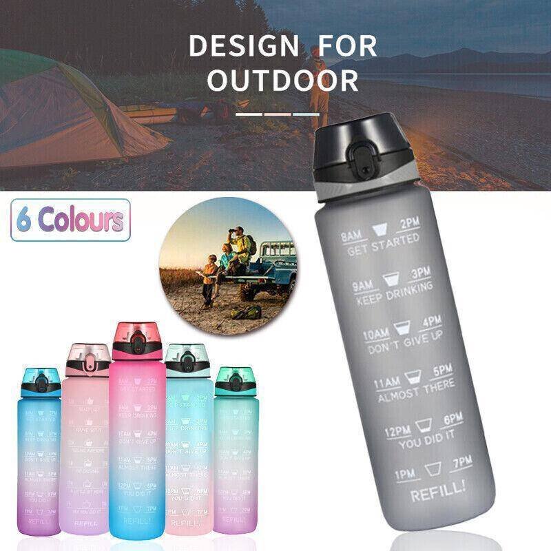 1L Water Bottle Motivational Drink Flask With Time Markings Bpa Free Sport Gym - Grey
