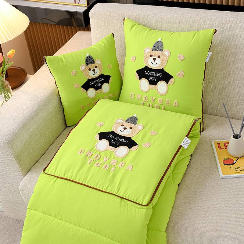 Green Cap Bear 2-in-1 Foldable Car Pillow Blanket - Cozy 40x40cm Pillow, Unfolds to 100x150cm Blanket for Travel and Office Naps