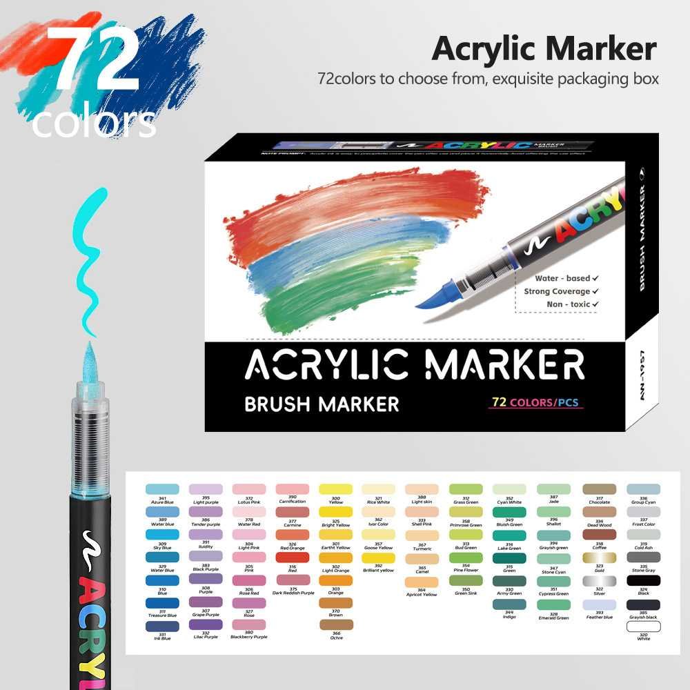 72 Colour Set Vibrant Cyan Acrylic Marker with Soft Brush Tip - 13.8 cm Professional Art Pen