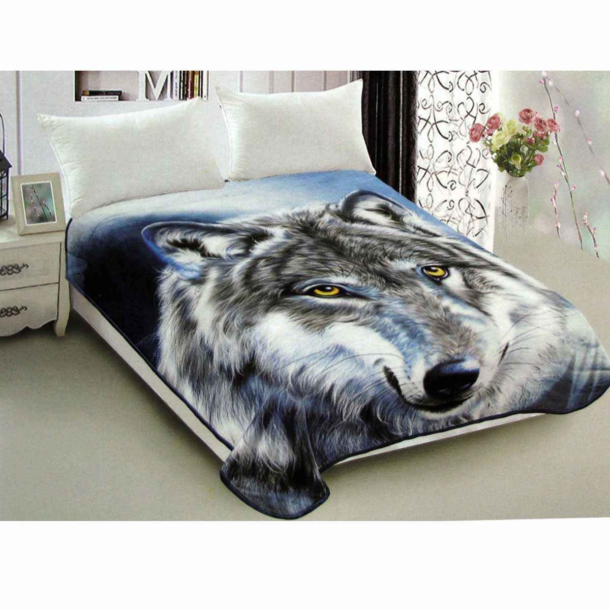 800GSM Luxury Reversible Animal Pattern Mink Blanket Queen 200 x 240 cm Wild Wolf